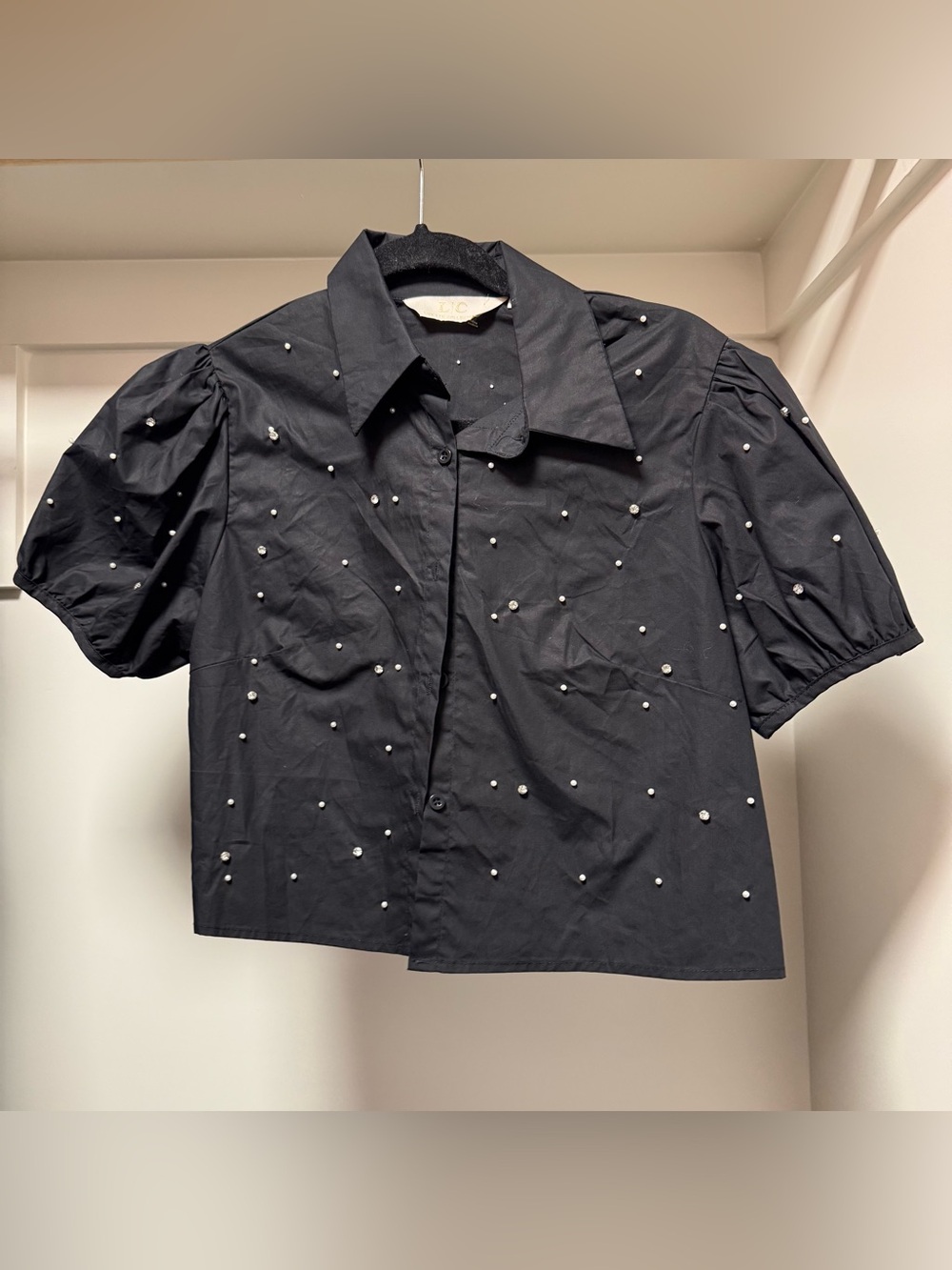 Black Embellished Short-Sleeve Shirt - Elegant Stud Detail